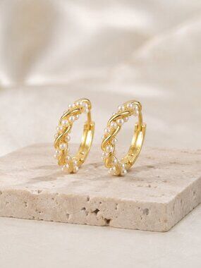 Gold Tone Twisted Hoop Earrings with Faux Pearl Beads